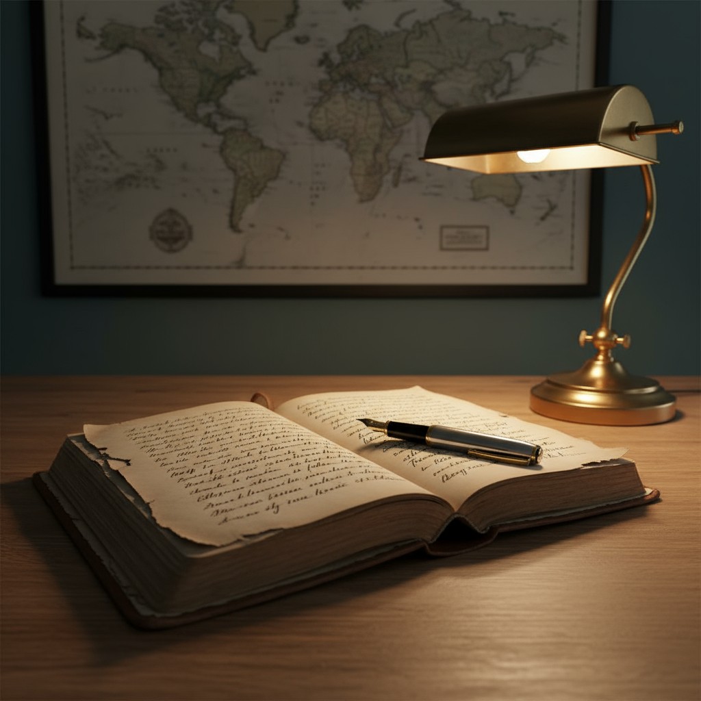 An open book with handwritten text, a fountain pen and a lit desk lamp on a wooden table, with a framed world map hanging ...
