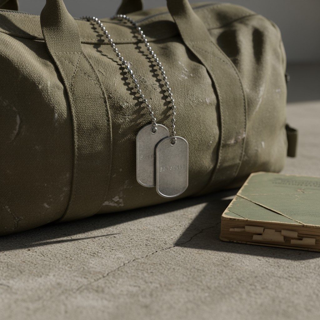 This image appears to depict a photo of presumably a dead soldier's personal items with the focus on dog tags with the nam...
