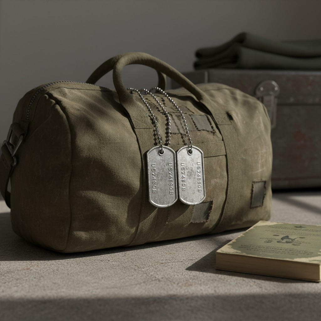 A green duffel bag and a dog tag sit on the floor in front of a metal box.