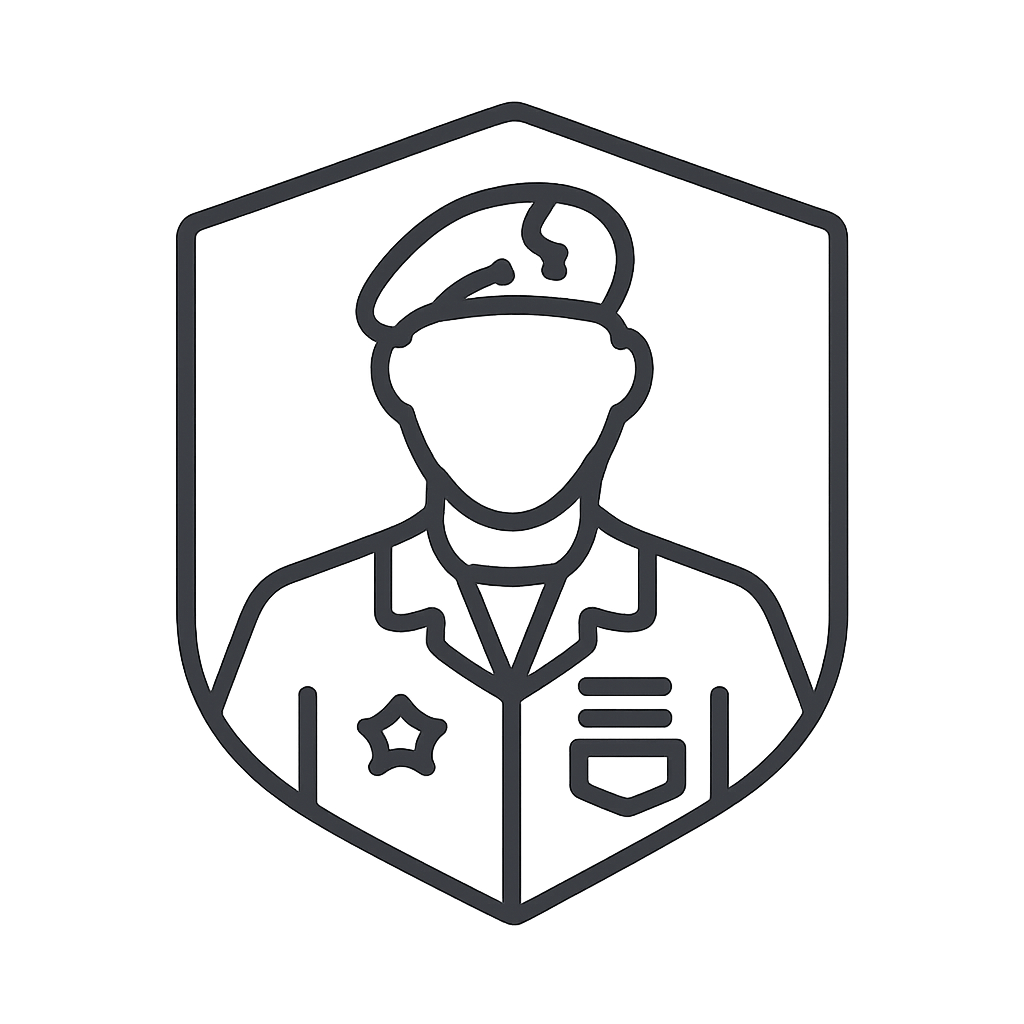 An icon of a person in a military uniform in a shield containing a hexagon.
